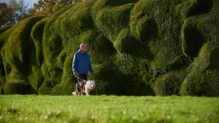 Dog walker in the garden at Montacute House, South Somerset